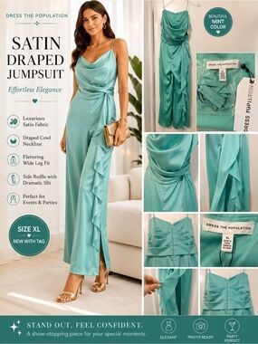 Dress the Population Satin Draped Jumpsuit in Mint